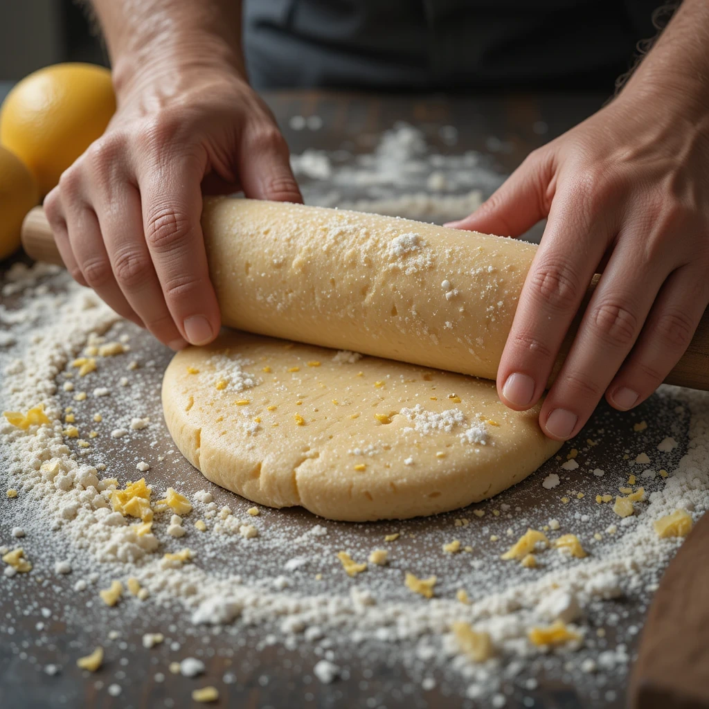 Rolling lemon shortbread cookie dough with lemon zest scattered around