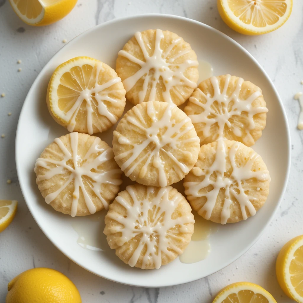 Glazed lemon shortbread cookies on a plate with icing drizzle