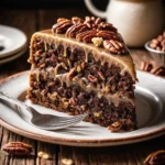 A slice of German chocolate cake with coconut pecan frosting on a wooden table.