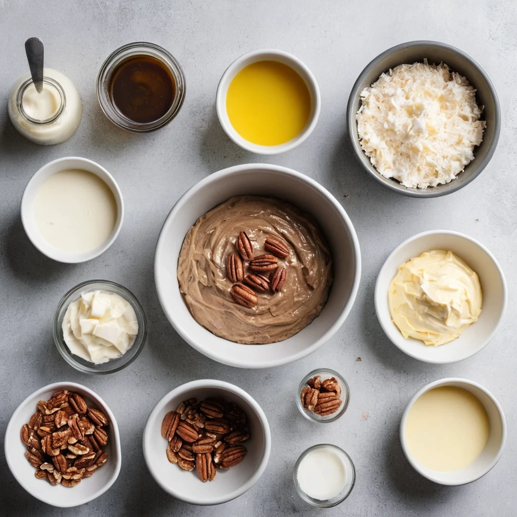 Ingredients for making German chocolate cake frosting laid out on a counter.