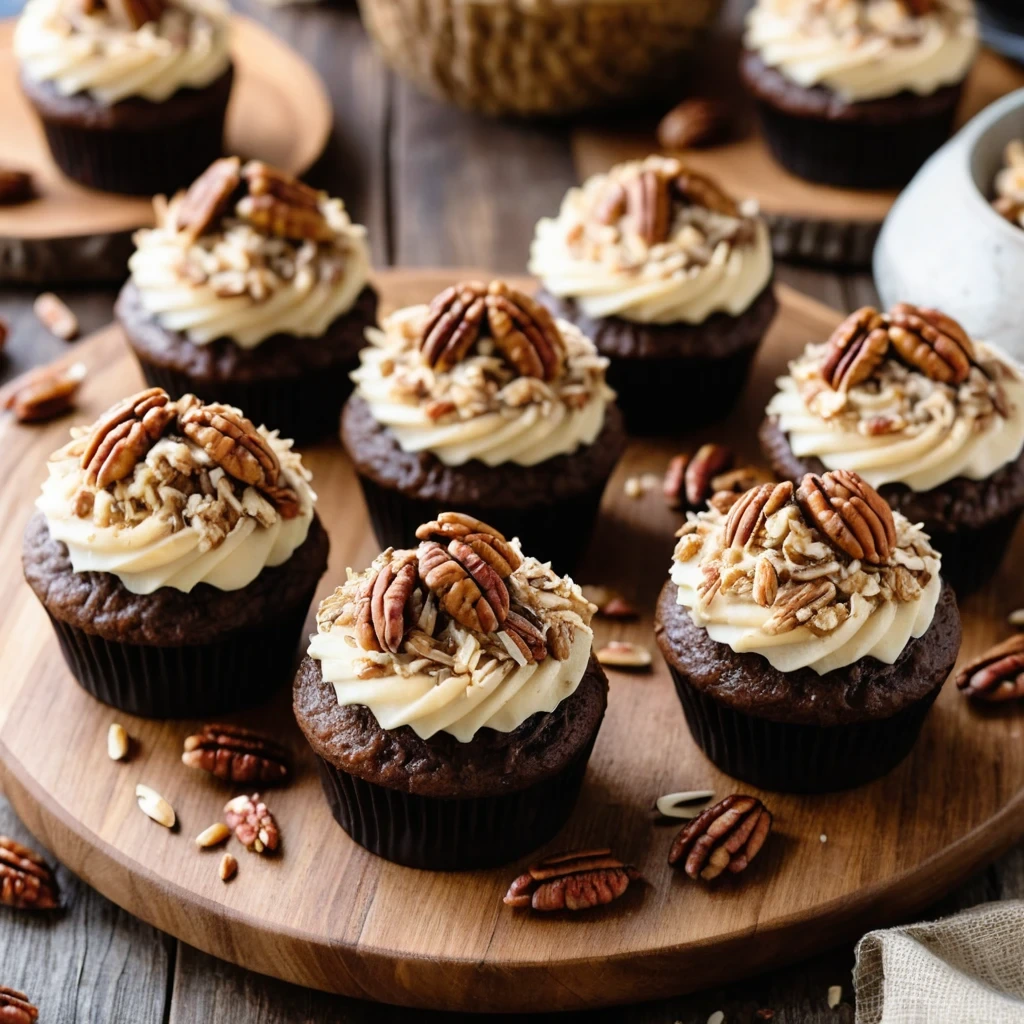 Cupcakes topped with German chocolate cake frosting on a wooden platter.