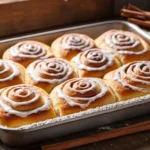 Crescent roll cinnamon rolls on a wooden table with icing drizzle.