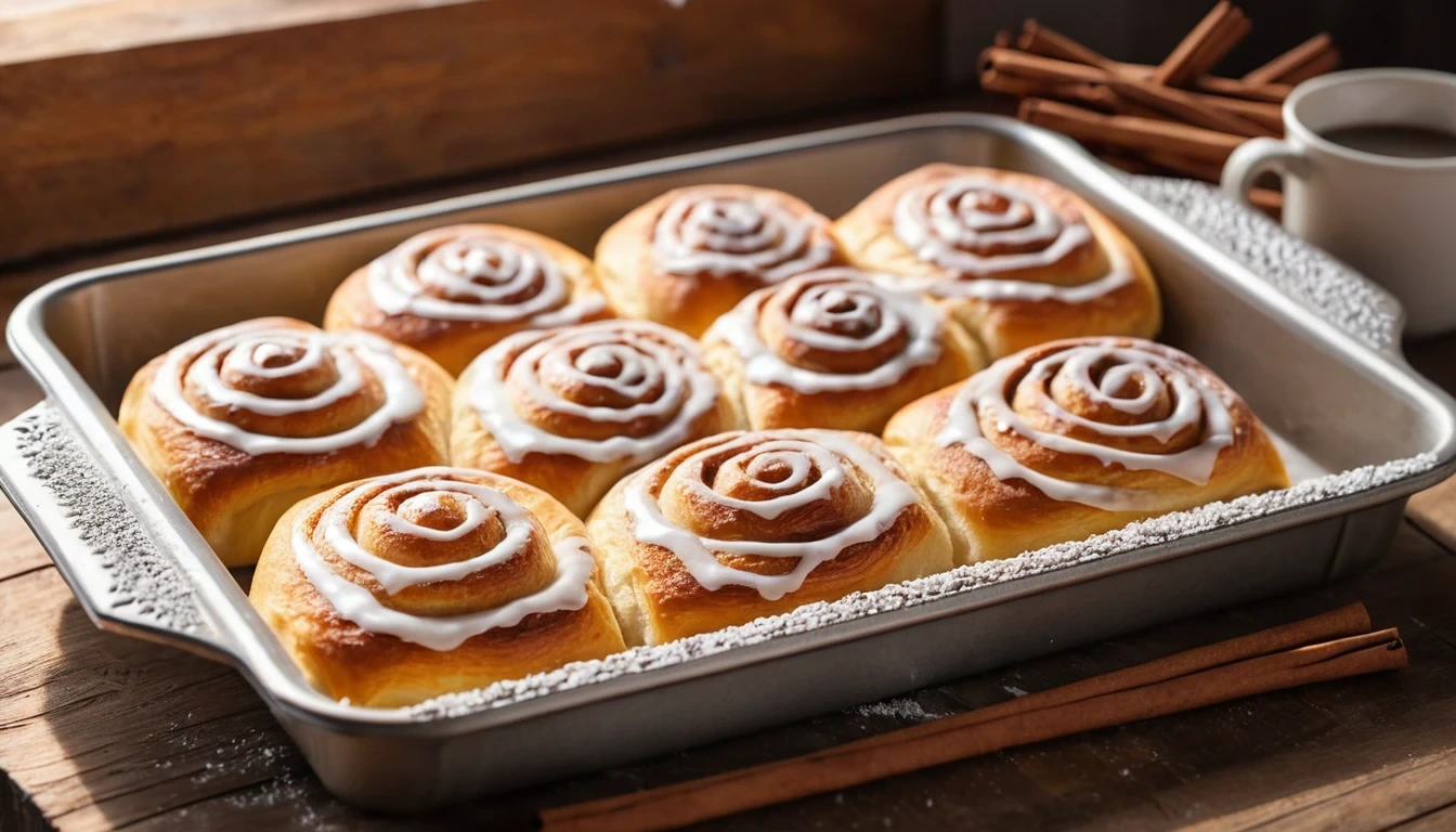 Crescent roll cinnamon rolls on a wooden table with icing drizzle.