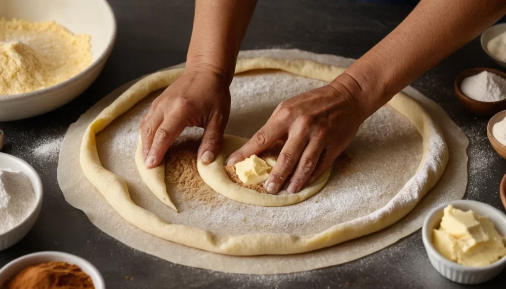 Hands spreading cinnamon sugar on crescent dough.