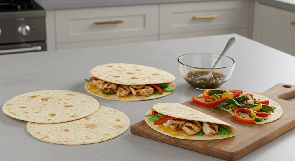 DIY quesadilla ingredients with tortillas, cheese, chicken, and veggies.