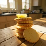 A stack of lemon shortbread cookies garnished with lemon slices and zest.