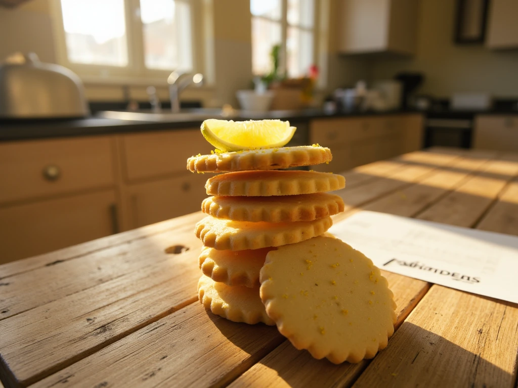 A stack of lemon shortbread cookies garnished with lemon slices and zest.