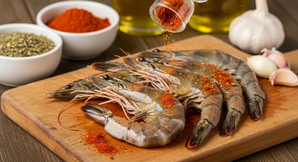 Raw shrimp seasoned with Cajun spices on a cutting board.