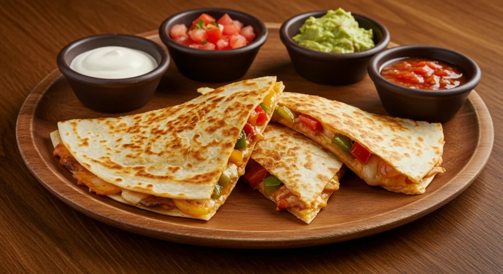 Close-up of a fajita quesadilla with sides of guacamole, salsa, and sour cream.