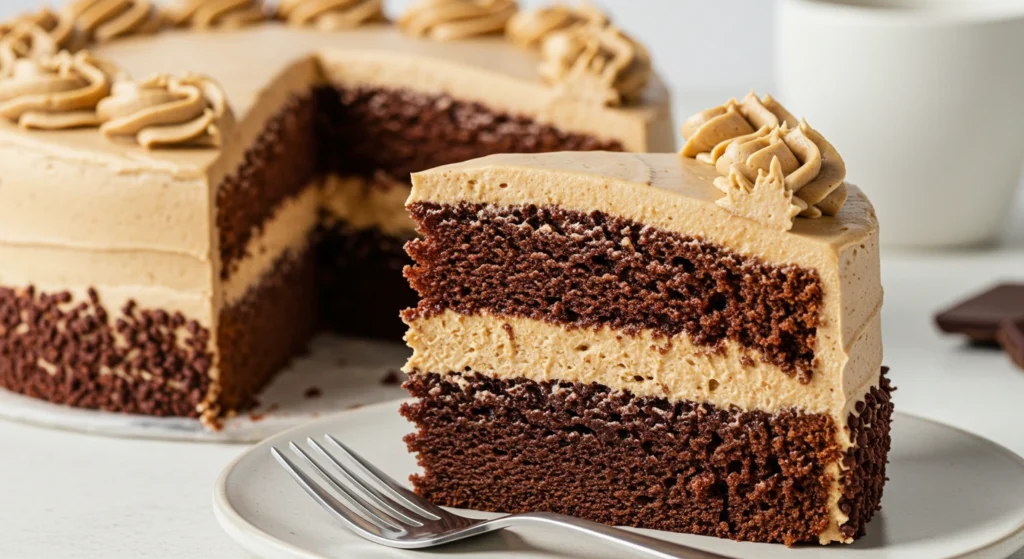 Sliced mocha cake revealing layers of chocolate and coffee frosting.