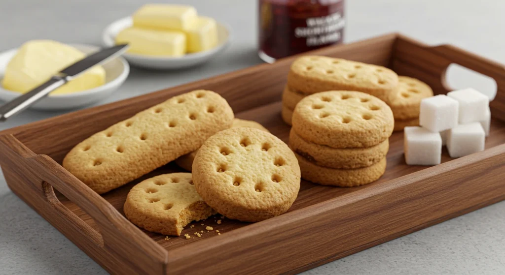 Close-up of Walkers Shortbread Fingers and Rounds with butter and jam.