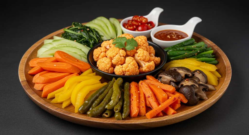 A variety of spicy pickled vegetables on a platter, including carrots, cauliflower, and mushrooms.