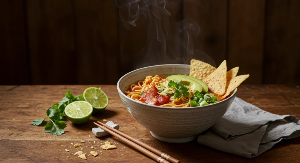 Chef Woo Spicy Tequila Lime Ramen Cup Recipe served in a bowl with fresh toppings like lime wedges, avocado slices, and cilantro