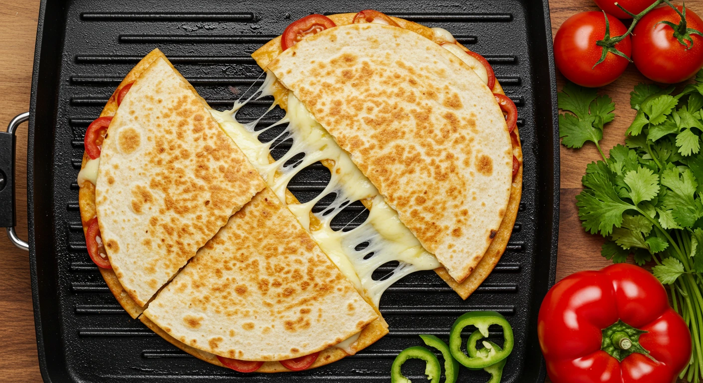 Sizzling Chipotle quesadilla with melted cheese and fresh toppings.