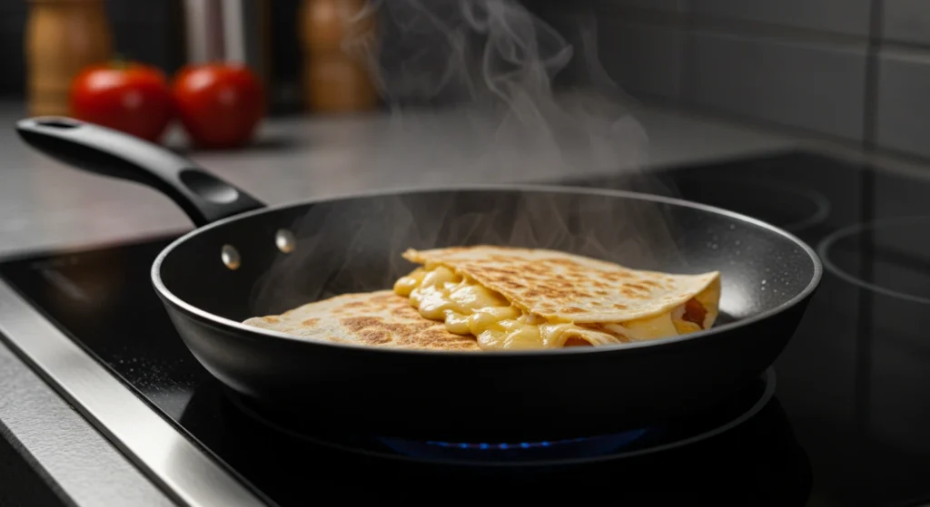 Skillet with a chicken quesadilla cooking