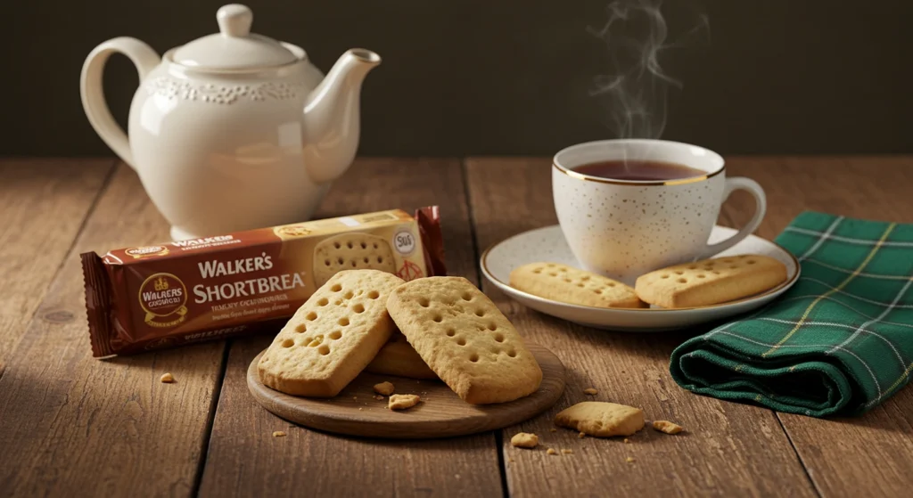 Walkers Shortbread Cookies served with tea on a rustic table