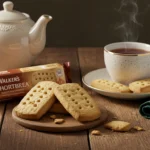 Walkers Shortbread Cookies served with tea on a rustic table