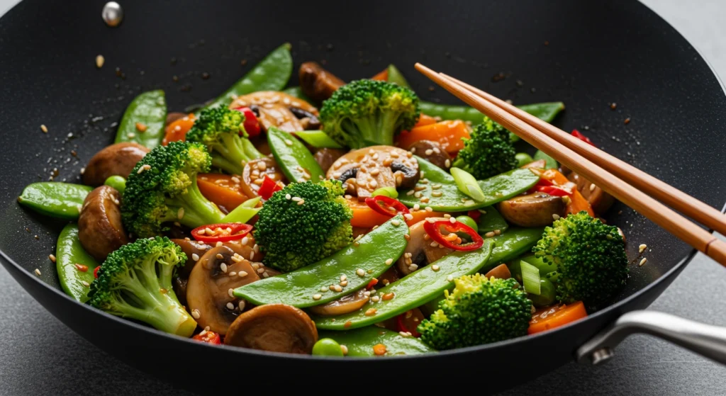 Spicy vegetable stir-fry in a wok.