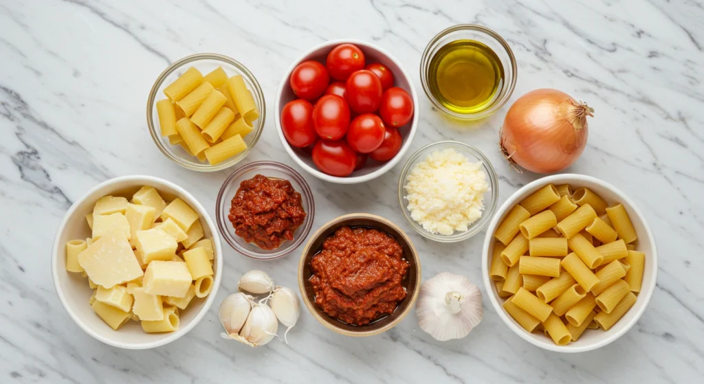 Ingredients for Carbone spicy rigatoni recipe neatly arranged on a marble countertop.