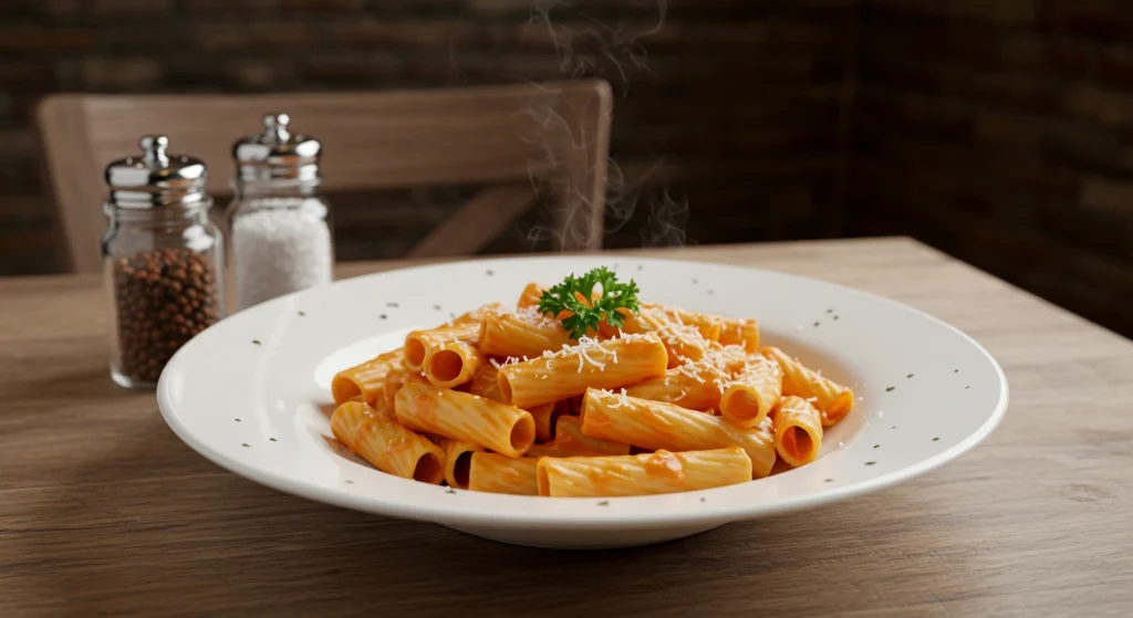 A delicious bowl of Carbone spicy rigatoni pasta topped with parsley and Parmesan.