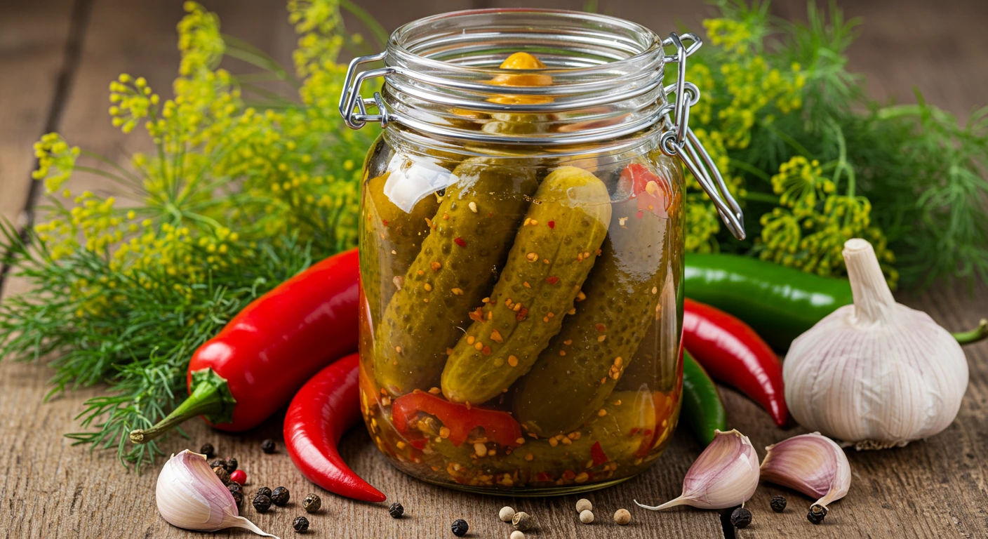 Spicy pickle recipe featuring a jar of vibrant pickles surrounded by fresh chili peppers, garlic, and dill.