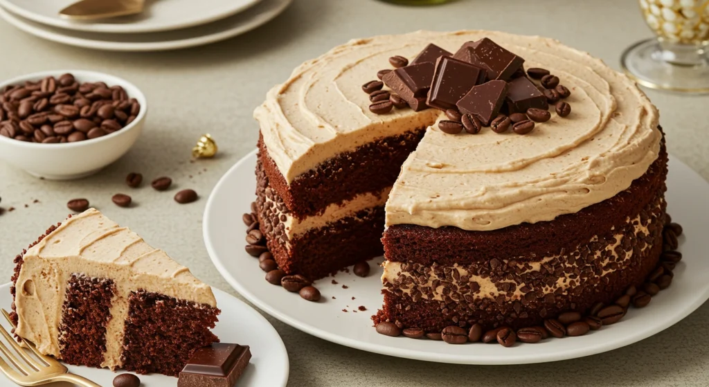 Mocha cake topped with espresso buttercream and surrounded by coffee beans.