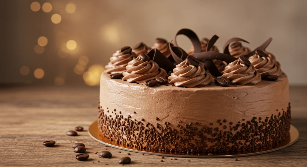 Mocha cake on a rustic wooden table decorated with chocolate curls and coffee beans