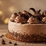 Mocha cake on a rustic wooden table decorated with chocolate curls and coffee beans