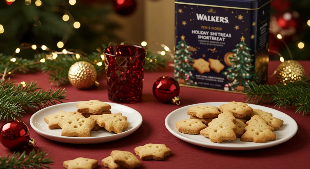 Festive holiday display of Walkers Shortbread Cookies shaped like stars and trees.