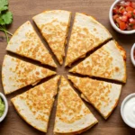 Golden-brown chicken quesadilla with dips and garnishes