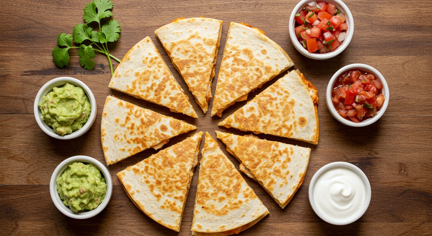 Golden-brown chicken quesadilla with dips and garnishes