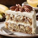 A slice of old-fashioned hummingbird cake with cream cheese frosting on a vintage plate.