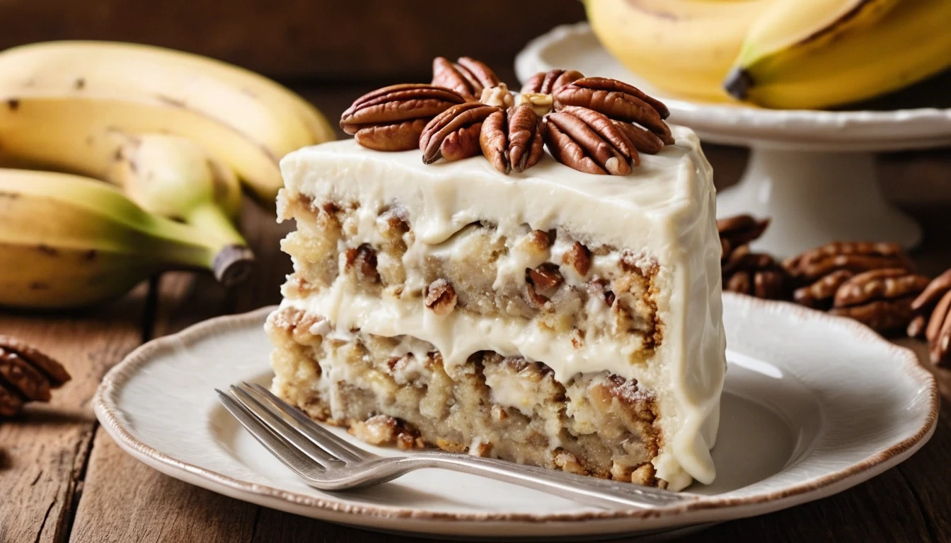 A slice of old-fashioned hummingbird cake with cream cheese frosting on a vintage plate.