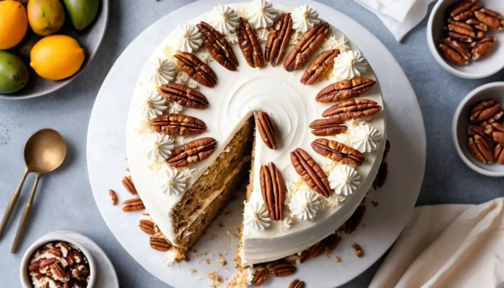 Full hummingbird cake frosted and decorated with pecans