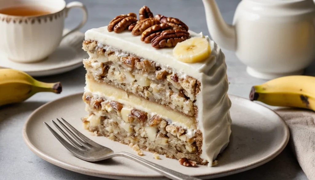 Close-up of a slice of moist hummingbird cake with visible layers.