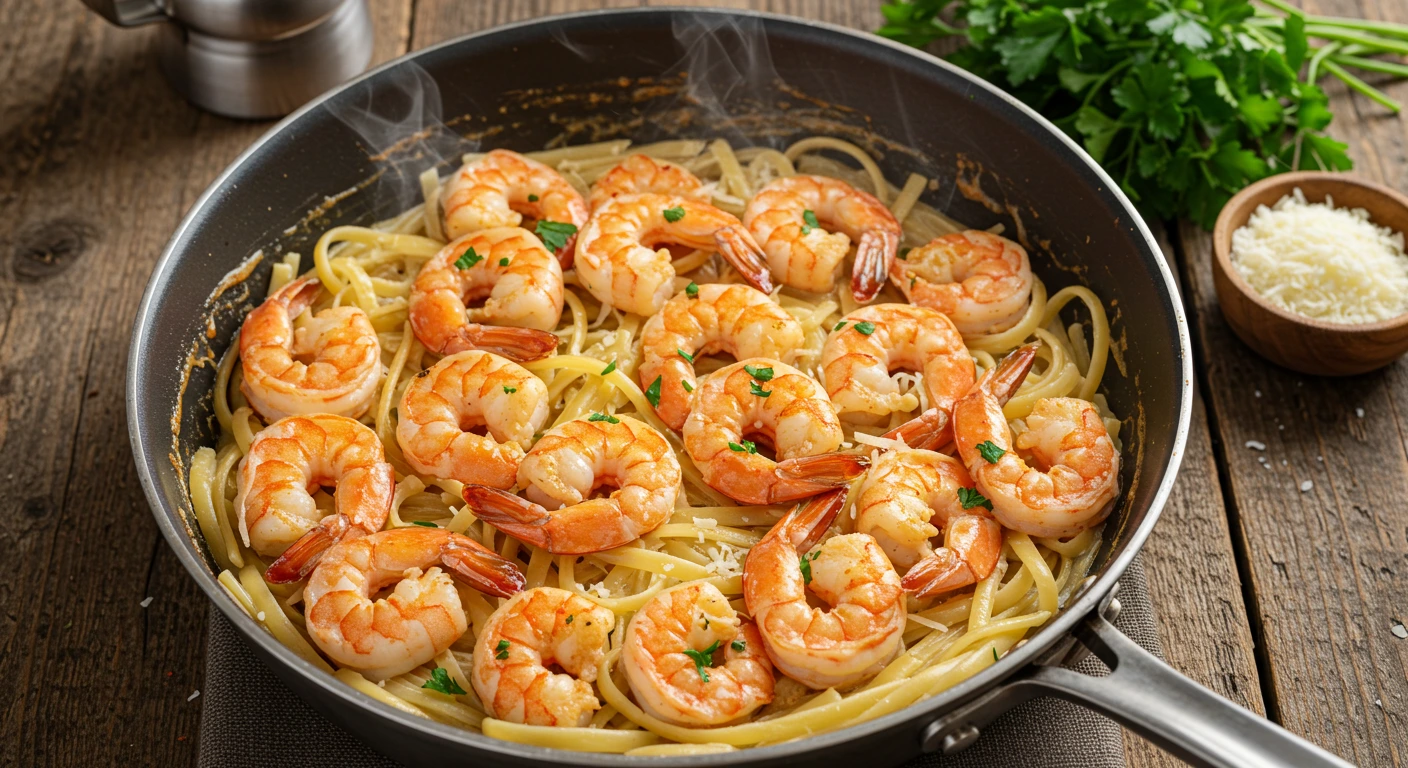 Skillet of Cajun shrimp pasta with creamy sauce.