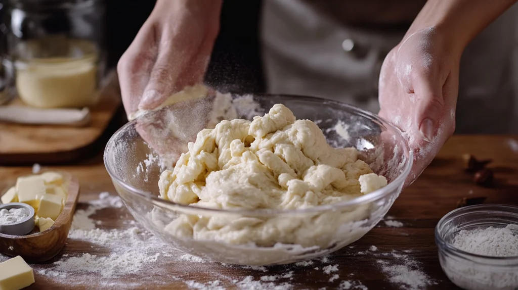 Hands kneading dough for sandwich bread.