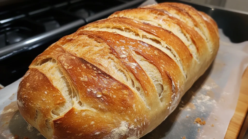 Freshly baked sandwich bread loaf on a wooden cutting board.