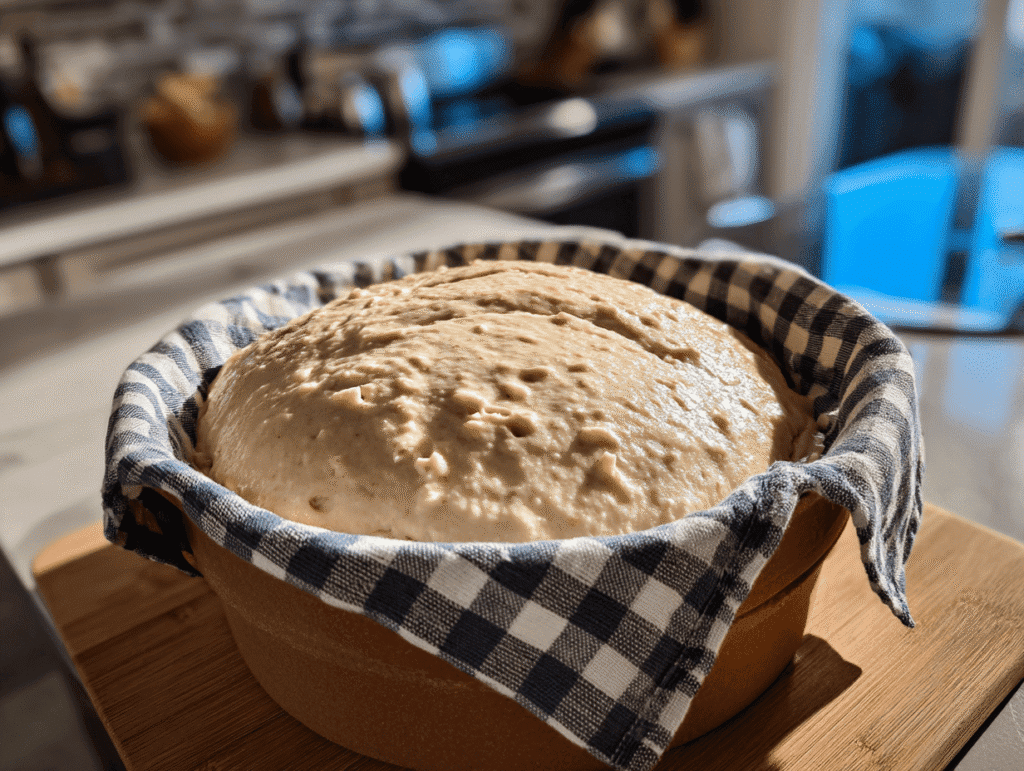 Sourdough bread without starter proofing in banneton basket