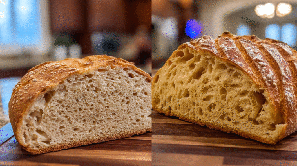 Dense sourdough bread versus light airy sourdough comparison