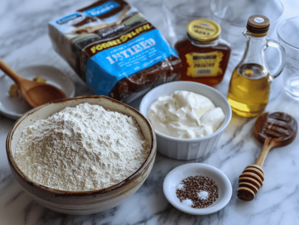 Ingredients for sourdough bread without starter including Greek yogurt and flour