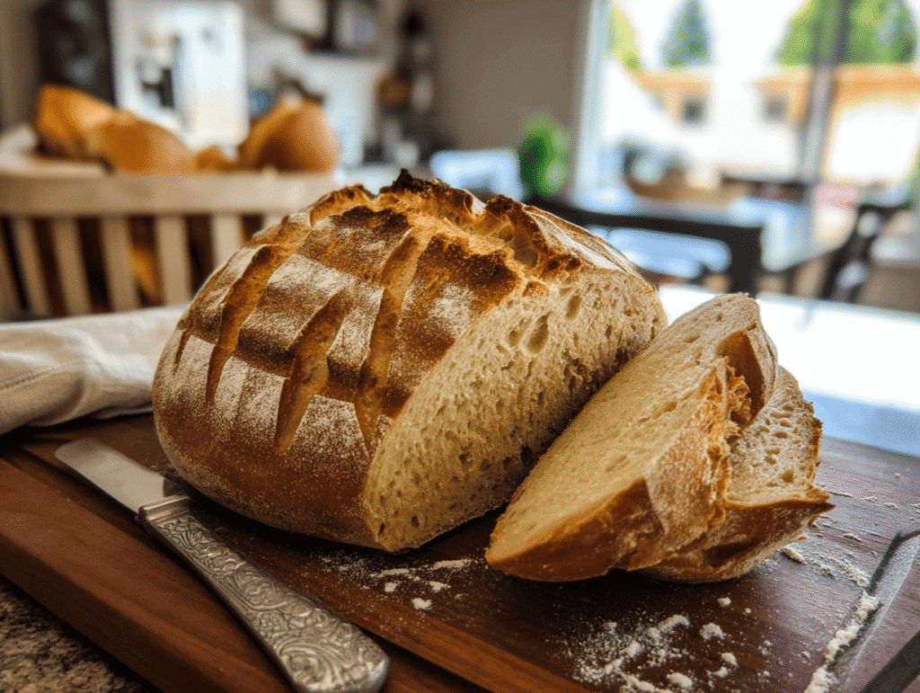Sourdough bread recipe without starter showing golden crusty loaf with open crumb