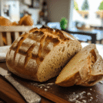 Sourdough bread recipe without starter showing golden crusty loaf with open crumb