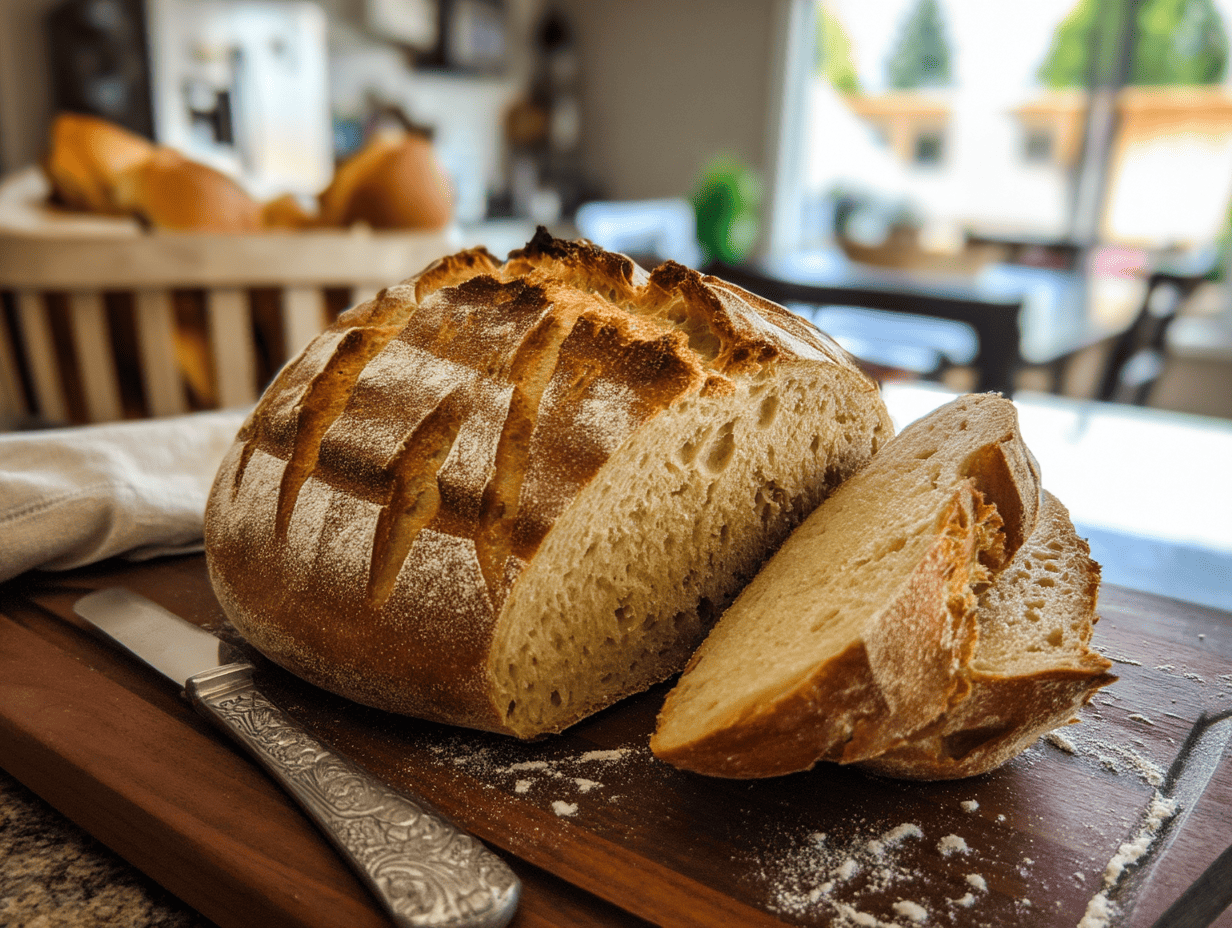 Sourdough bread recipe without starter showing golden crusty loaf with open crumb
