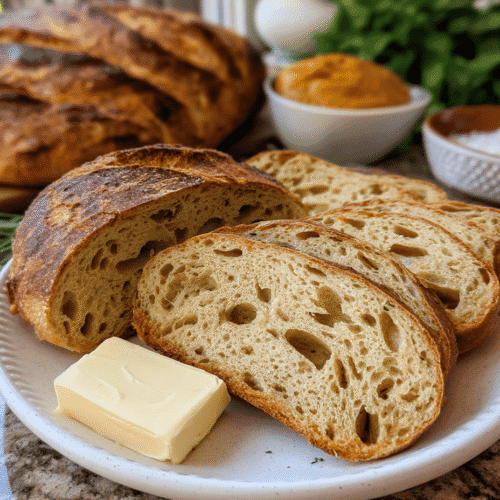 Finished sourdough bread recipe without starter sliced and served