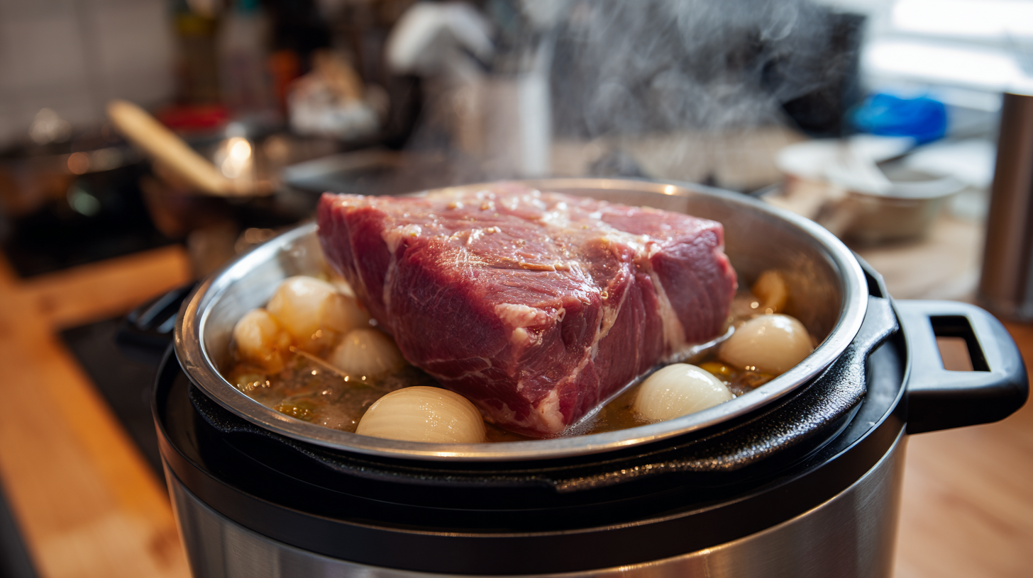 Corned beef brisket positioned in Instant Pot before pressure cooking