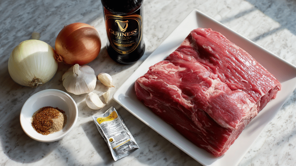 Instant pot corned beef ingredients including brisket, spices, and Guinness beer