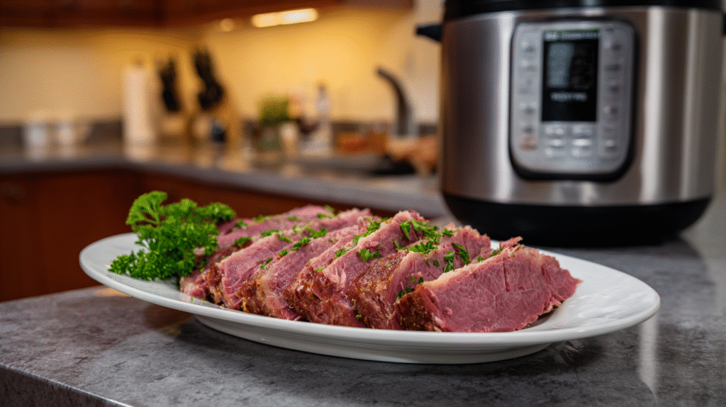 Instant pot corned beef sliced and ready to serve on white platter