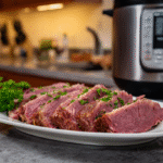 Instant pot corned beef sliced and ready to serve on white platter
