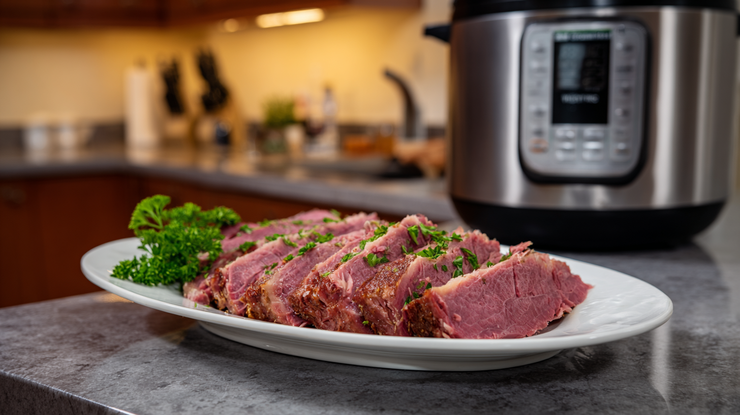 Instant pot corned beef sliced and ready to serve on white platter